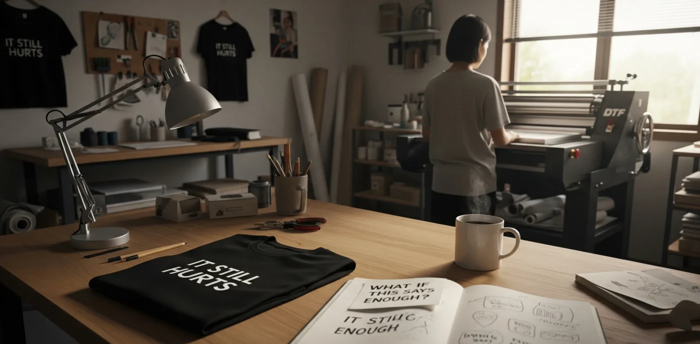 A quiet, emotionally resonant print studio in soft afternoon light. On a natural wooden work table lies a neatly folded black t-shirt with the words "It still hurts" printed in minimalist white font. Beside it is an open sketchbook showing hand-drawn typography ideas and a scribbled note that reads